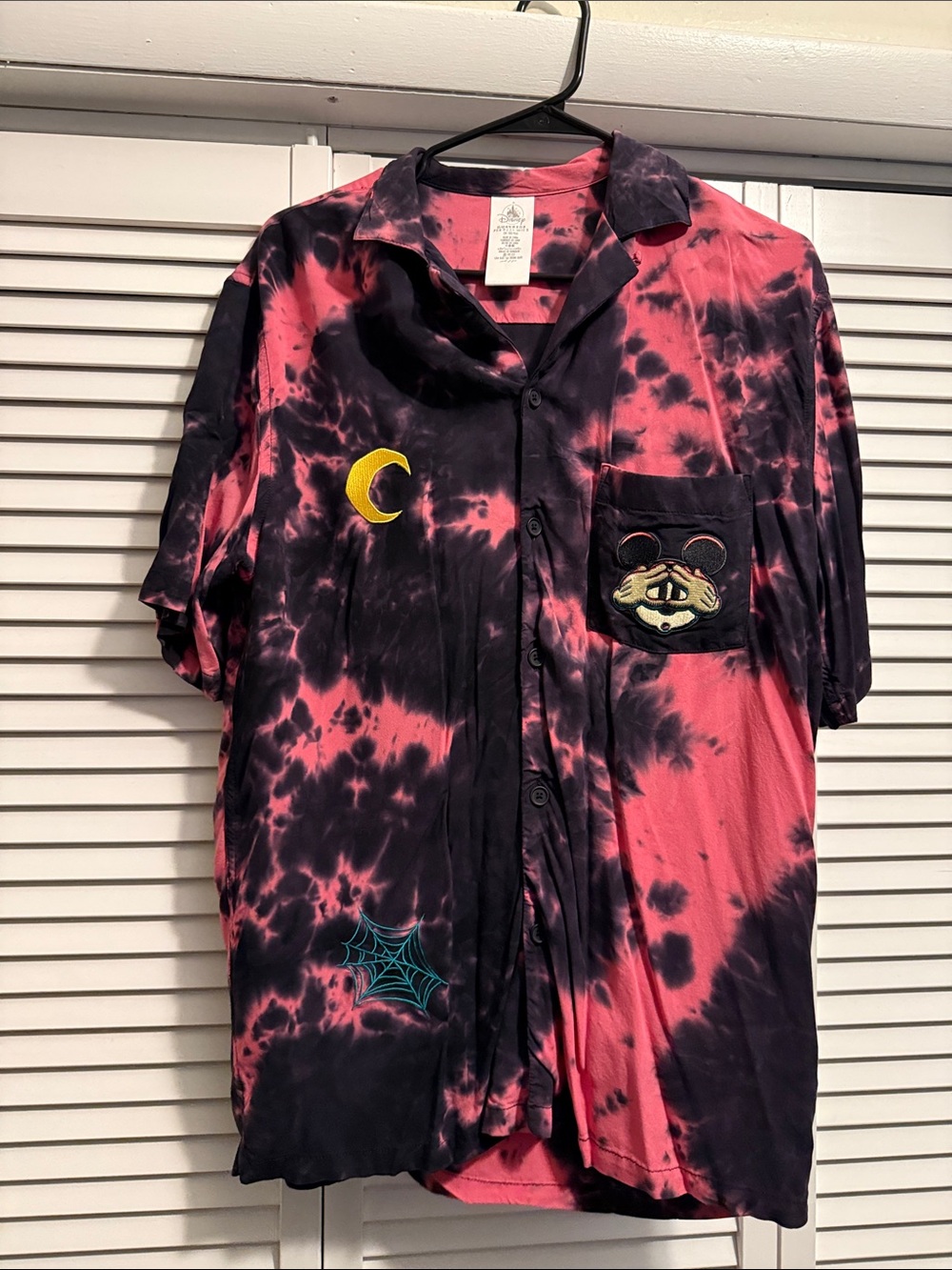 Disney Tie-Dye Pink & Black Halloween Button-Up Shirt with Embroidered Patch